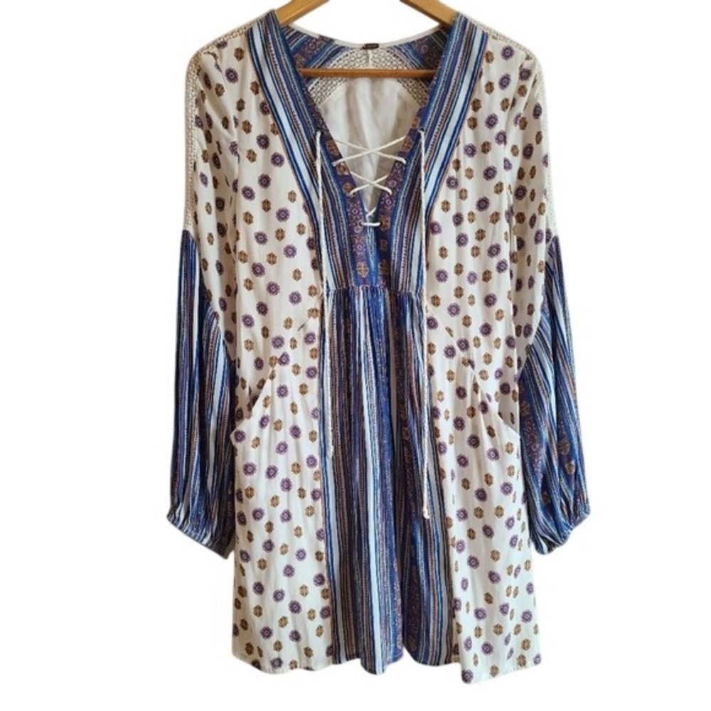 Free People Pebble Rain or Shine Dress XS Oversized Long Sleeve Lace Up
